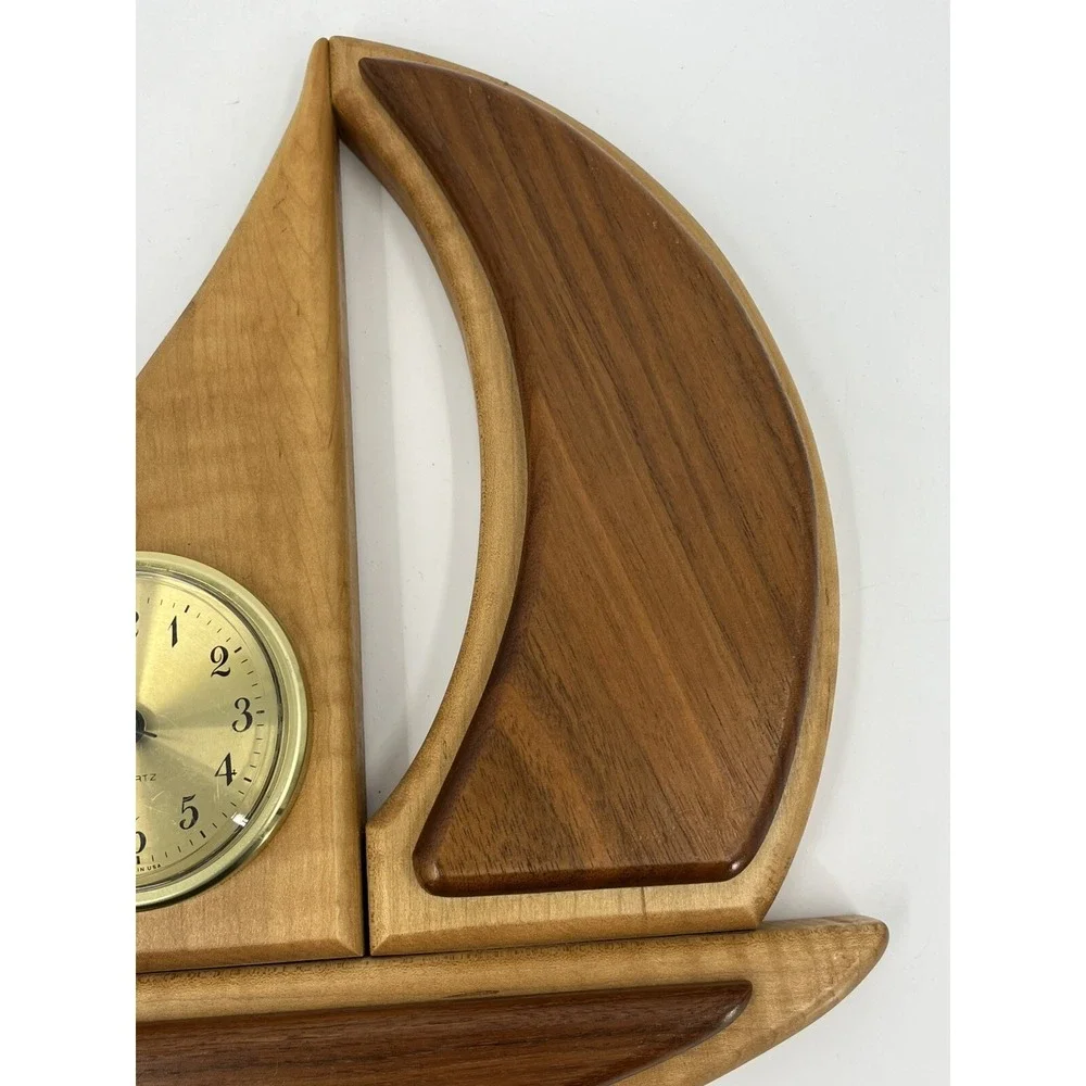 Handcrafted Wood Sailboat Clock Untested - Handmade Two Tone